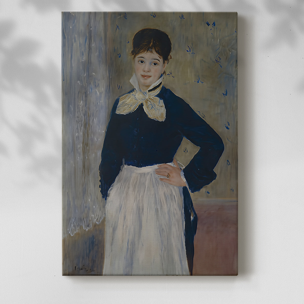 Canvas art print of a figure in a café setting with gentle tones and relaxed posture with a soft shadow on a white background.
