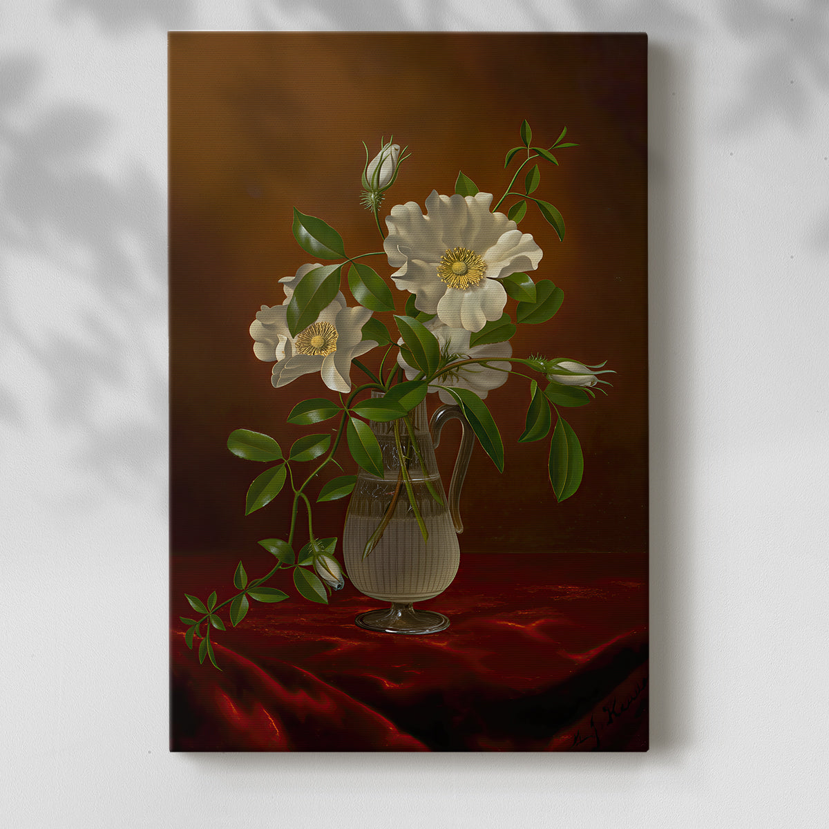 Canvas art print of a delicate floral arrangement with gentle tones and clarity with a soft shadow on a white background.
