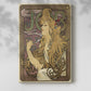 Canvas art print of a vintage advertisement with a stylized woman and swirling hair with a soft shadow on a white background.