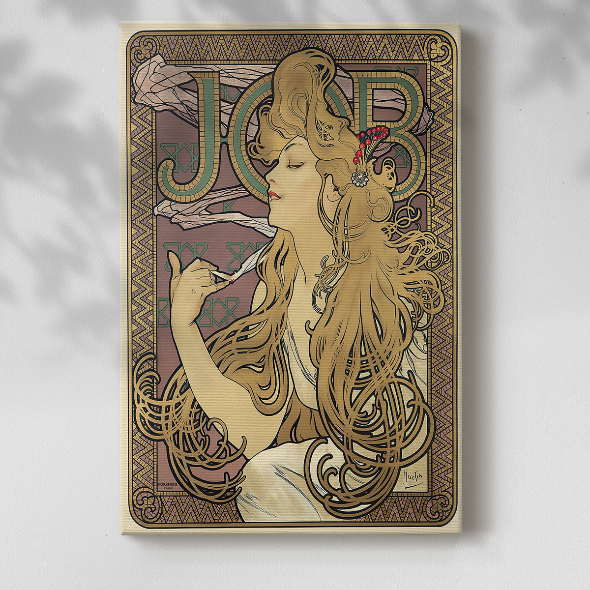 Canvas art print of a vintage advertisement with a stylized woman and swirling hair with a soft shadow on a white background.