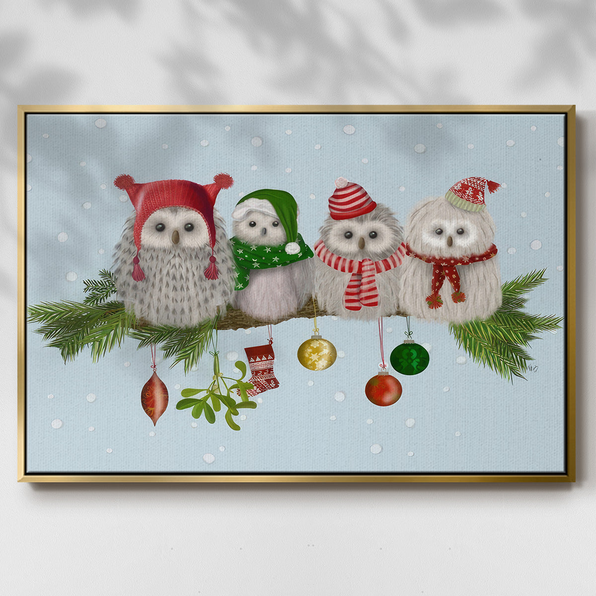 Christmas Fluffy Christmas Owls on Branch - Framed Gallery Wrapped Canvas in Floating Frame