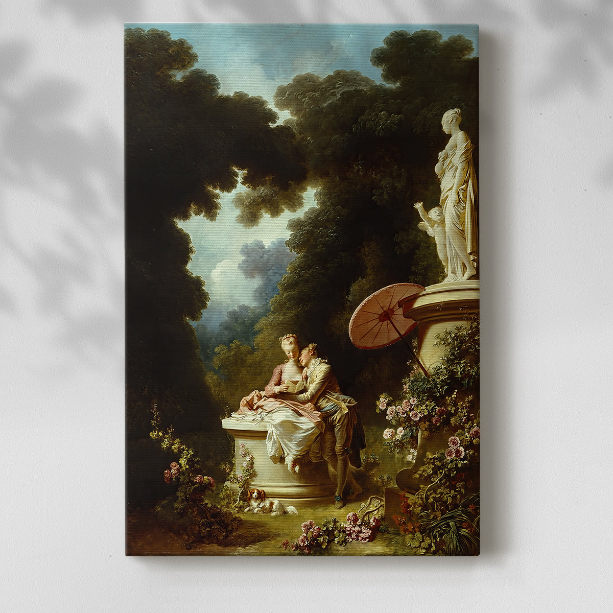 Canvas art print of a Romantic outdoor setting with figures and soft color with a soft shadow on a white background.