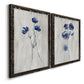 Angled view of a set of two black barnwood framed canvas prints featuring two rustic monochrome botanical paintings featuring blue wildflower stems on weathered neutral paper.