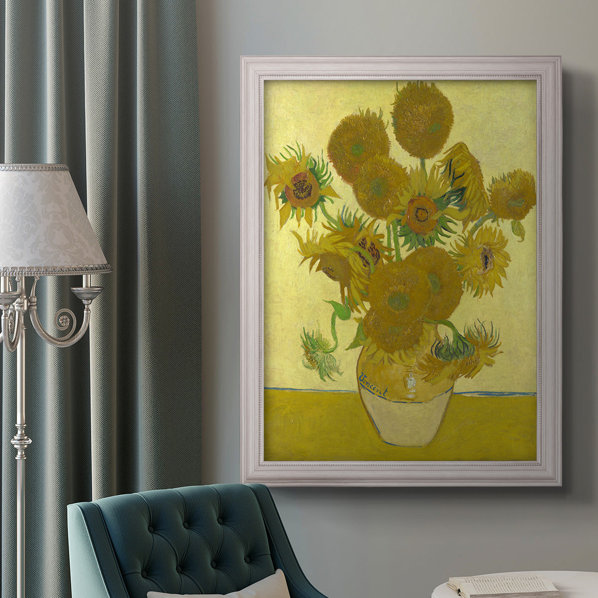 Impressionist sunflower still life painting by Vincent van Gogh in an ornate weathered white frame displayed in a neutral interior setting.