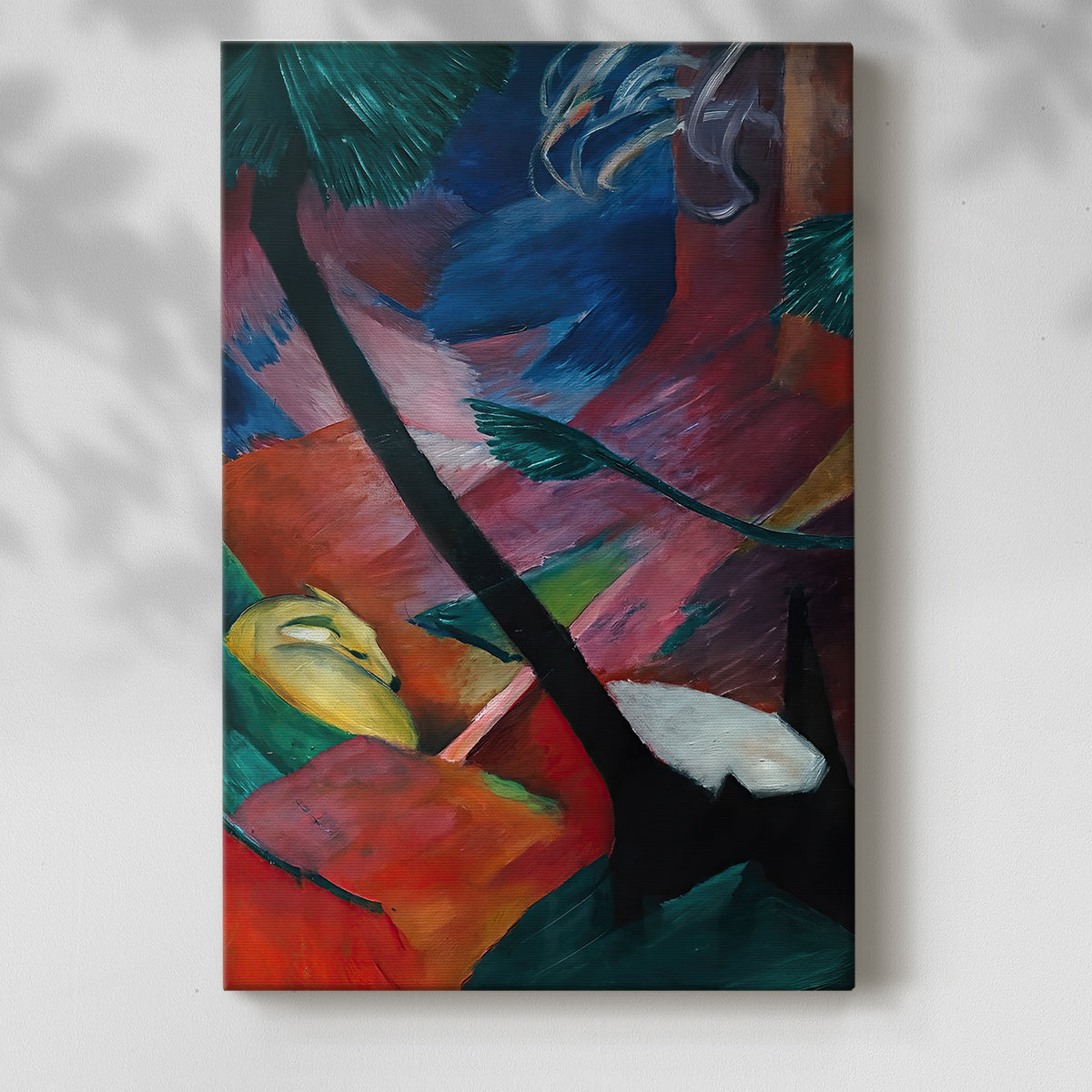 Canvas art print of an abstract woodland with animals and geometric shapes with a soft shadow on a white background.