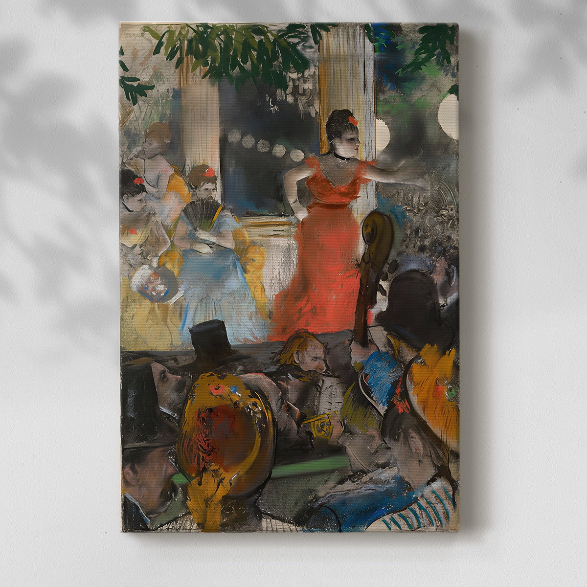 Canvas art print of a nightlife scene with figures under artificial lighting with a soft shadow on a white background.