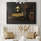 Impressionist domestic interior scene by Claude Monet in an ornate black frame with gilded inner detail displayed in a neutral-toned interior setting.
