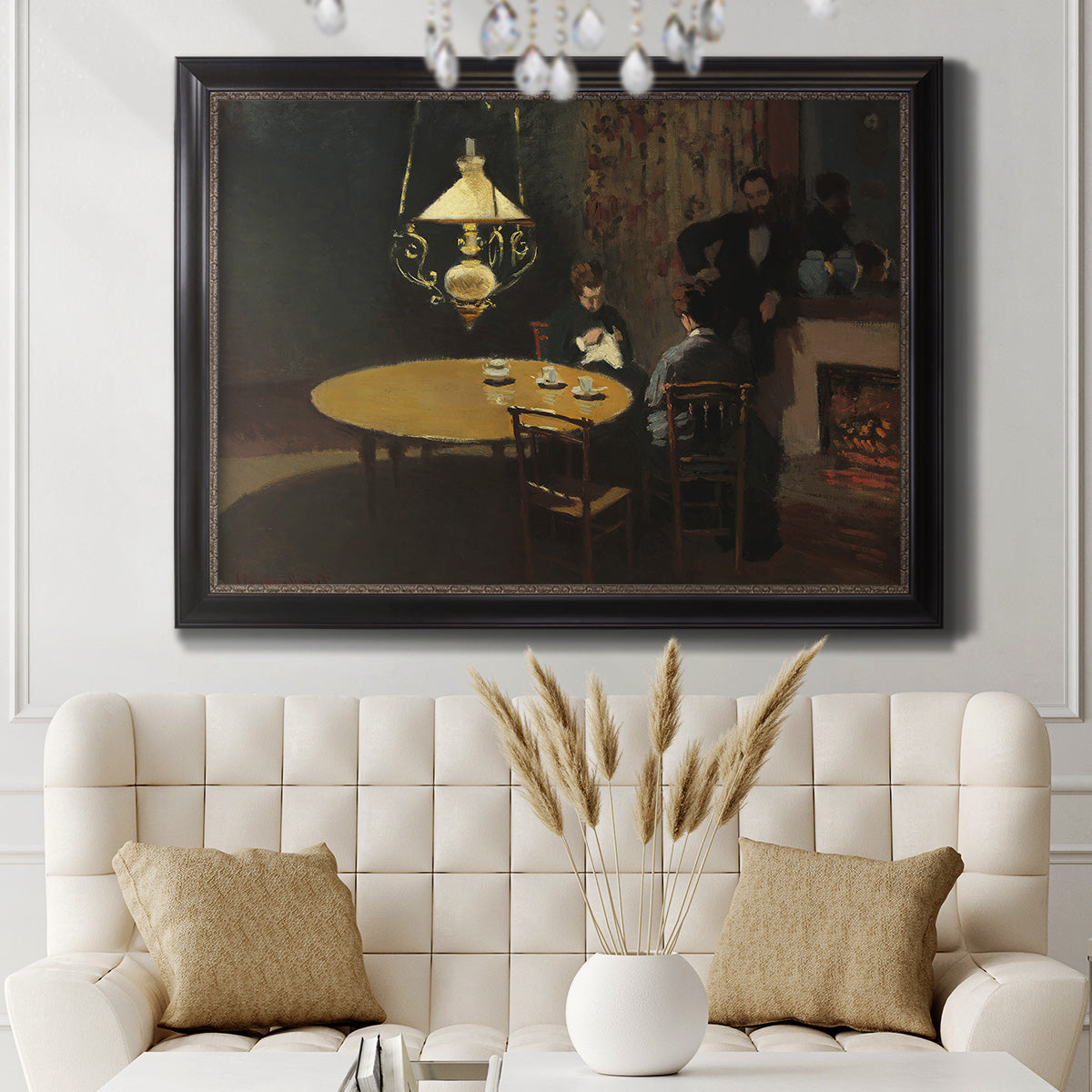 Impressionist domestic interior scene by Claude Monet in an ornate black frame with gilded inner detail displayed in a neutral-toned interior setting.