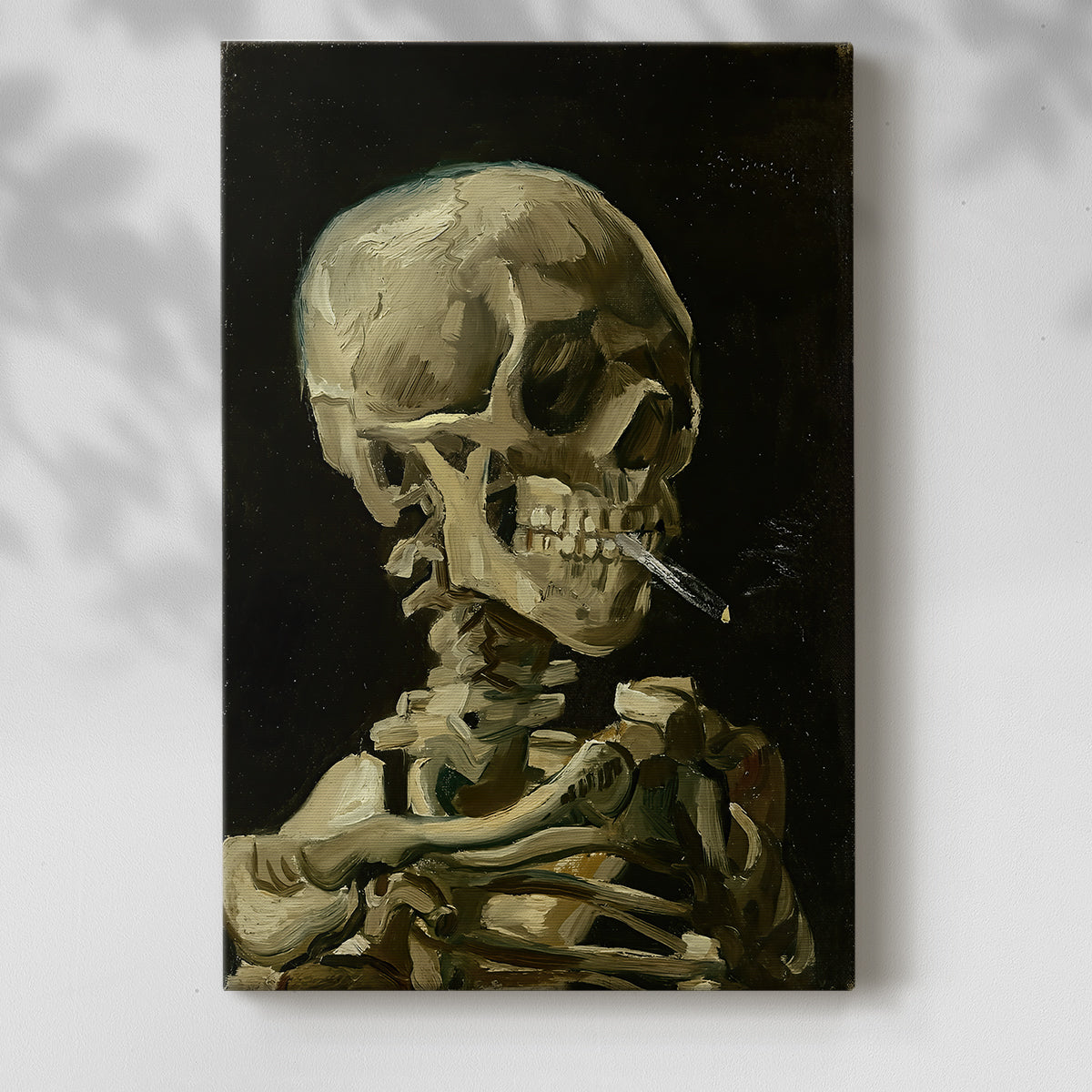 Canvas art print of a striking composition with skeletal figure and glowing cigarette with a soft shadow on a white background.