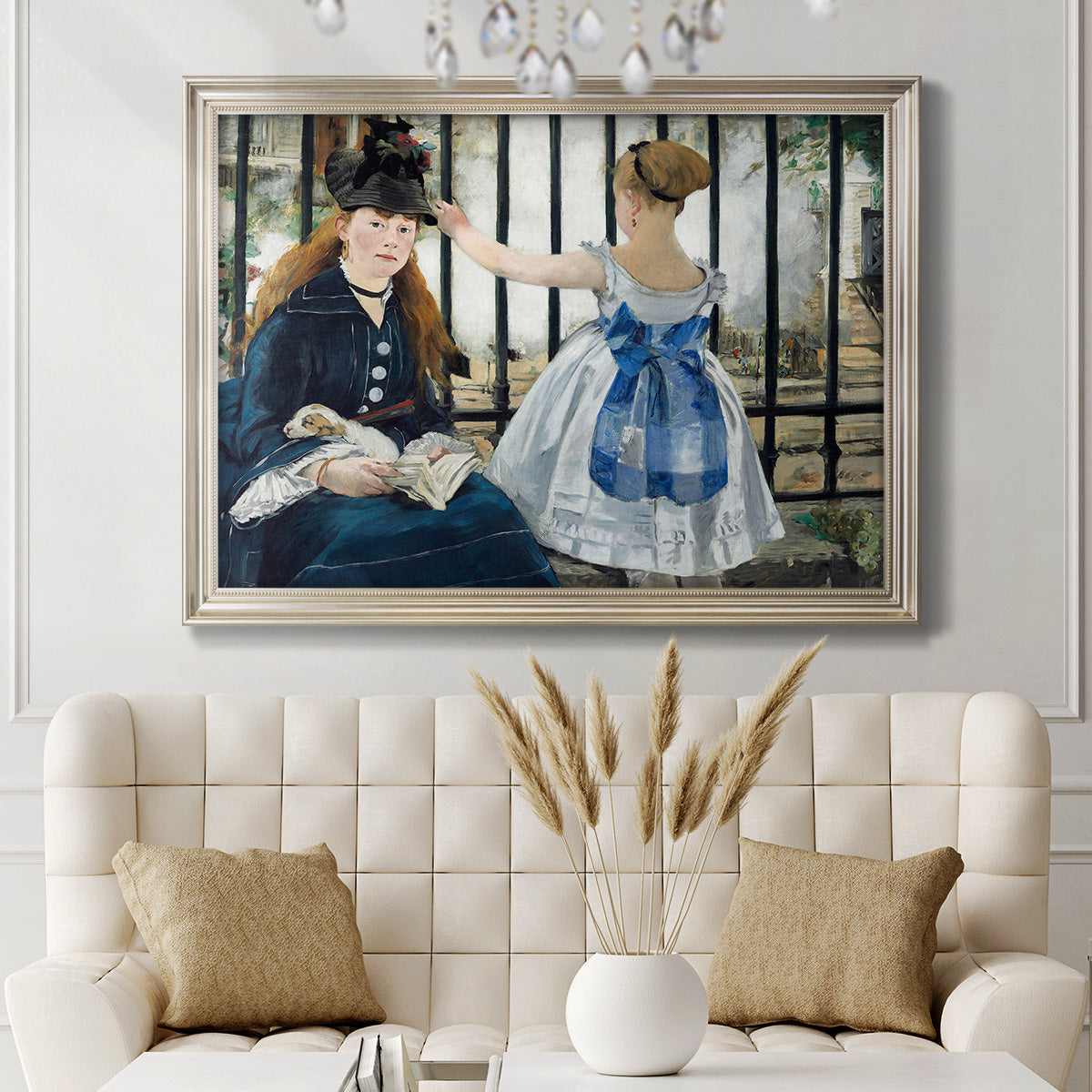 Impressionist urban scene near a railway by Édouard Manet in an ornate champagne frame displayed in a neutral-toned interior setting.