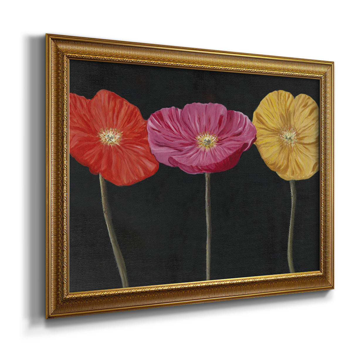 Contemporary poppy flower artwork printed on canvas in an ornate traditional gold frame.