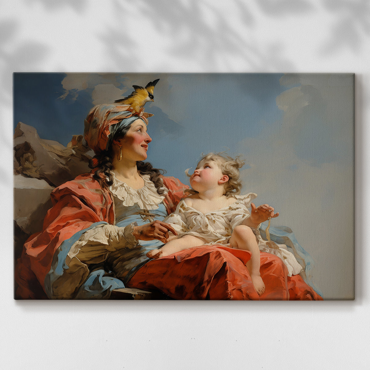 mother,child,tenderness,love,bird,landscape,colorful attire,serene,family,nature,portrait,joy,affection,sky,innocence,happiness,connection,beauty,warmth,maternal bond,outdoor,sweet,gazing,playful,art,vintage,sitting,care,cheerfulness,resting,close-up,expression,interaction,tranquility,charming,uplifting,heartwarming,peaceful,childhood,nurturing,scenery,harmony