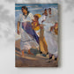 Canvas art print of a coastal composition with figures in motion and bright light with a soft shadow on a white background.