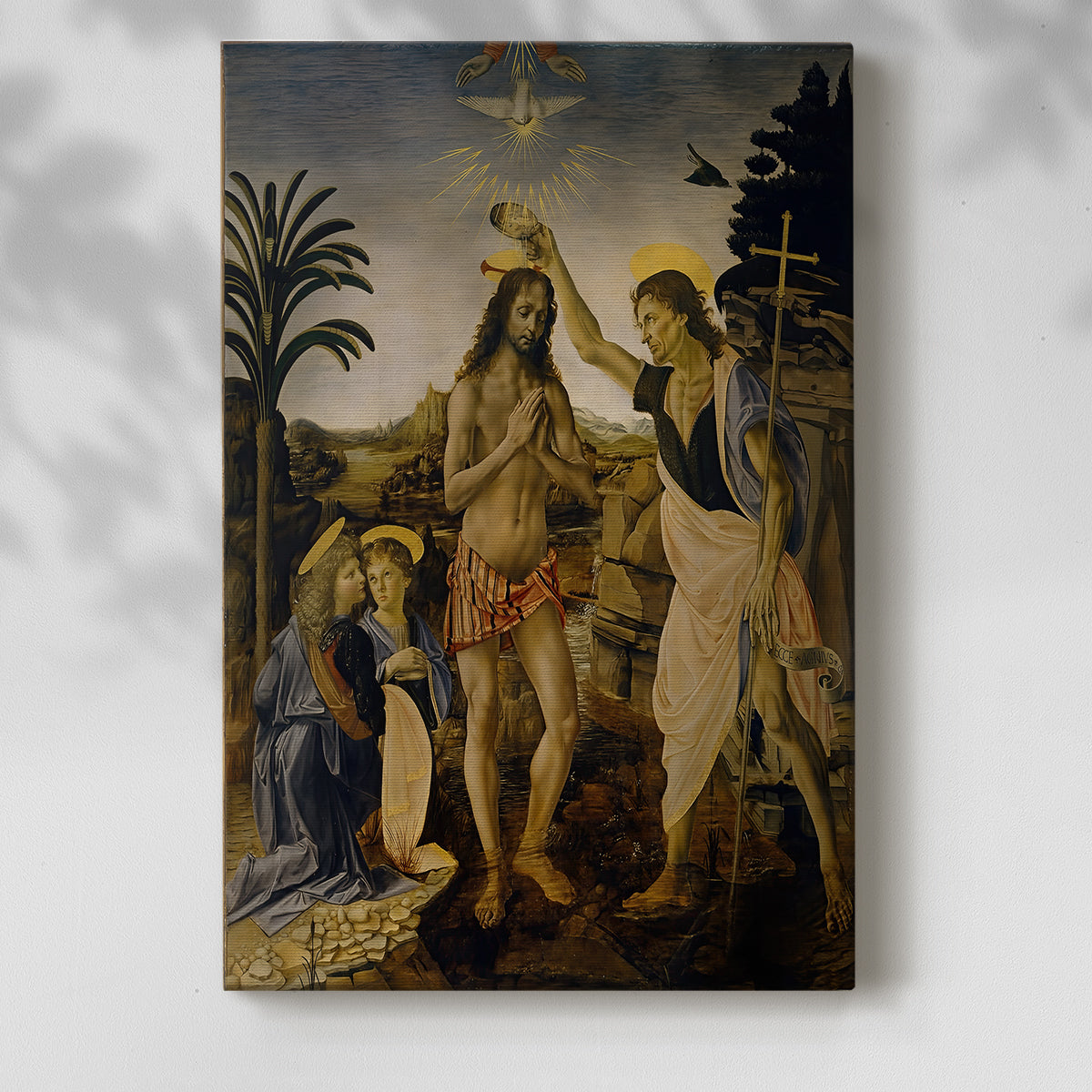 Canvas art print of a religious composition with soft light and balanced forms with a soft shadow on a white background.