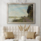 Impressionist river scene with red boats by Claude Monet in an ornate champagne frame displayed in a neutral-toned interior setting.