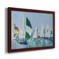 Coastal harbor watercolor painting printed on canvas in an ornate cherry burl wood frame.