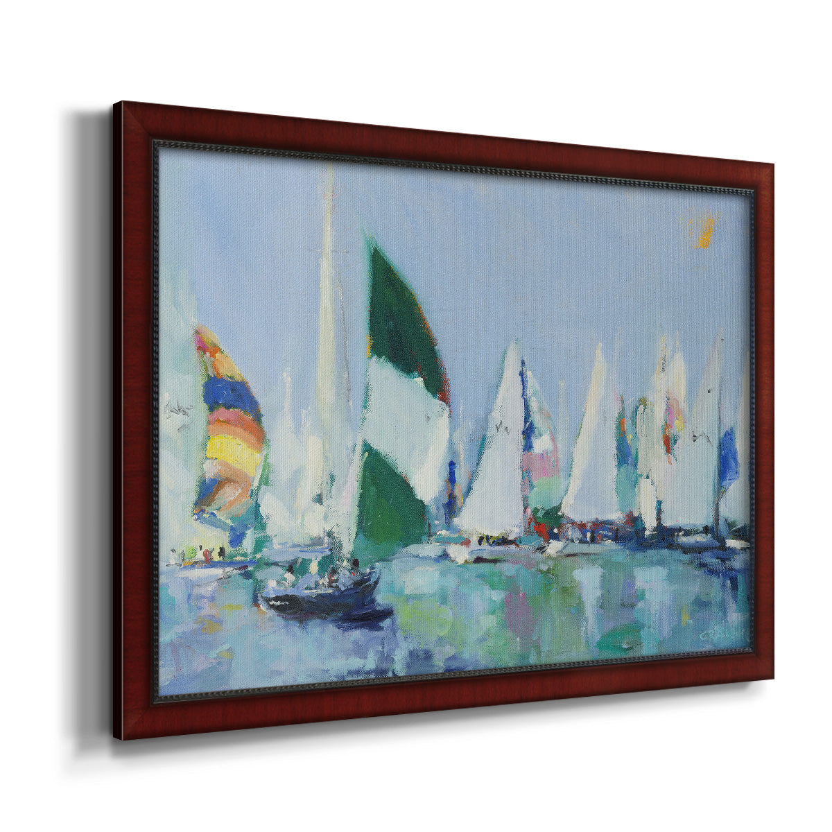 Coastal harbor watercolor painting printed on canvas in an ornate cherry burl wood frame.