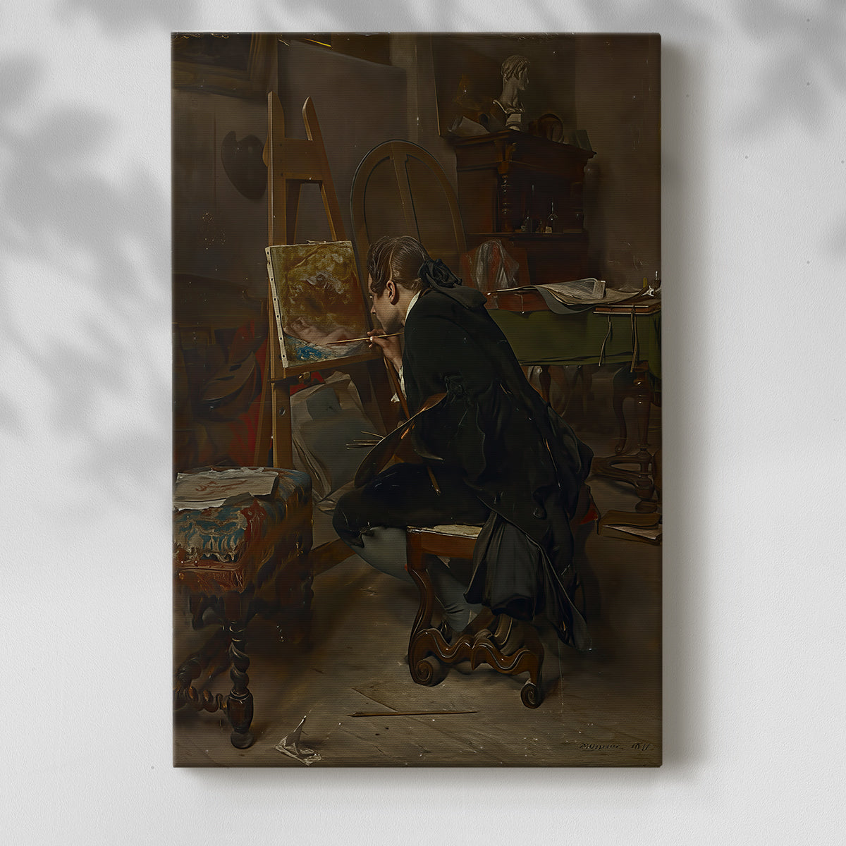 Canvas art print of an artist figure seated at work with detailed surroundings with a soft shadow on a white background.