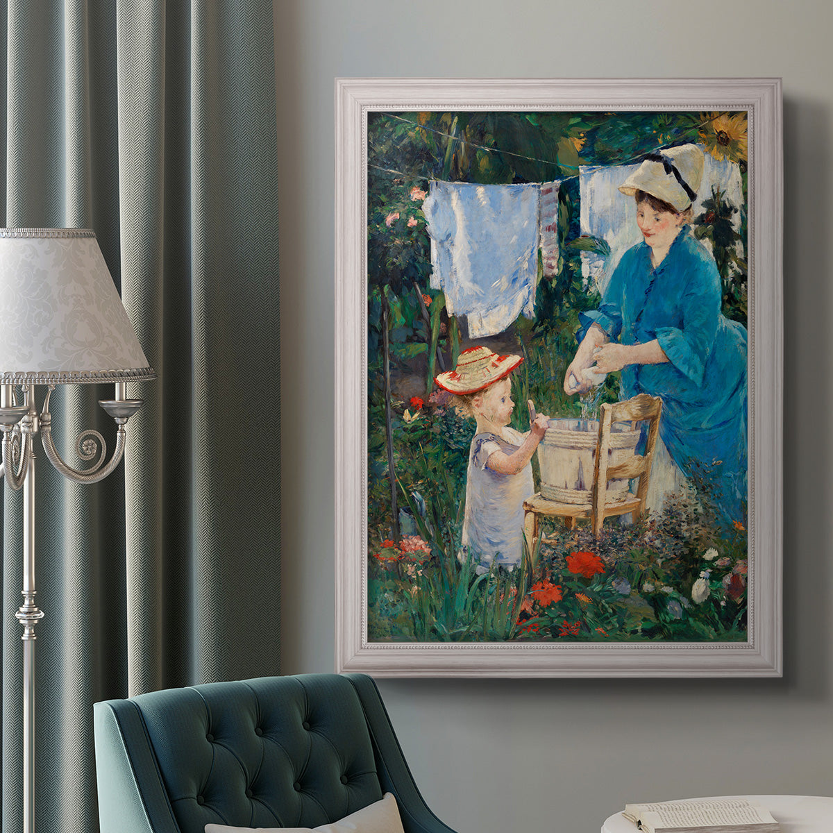 Intimate domestic genre scene by Édouard Manet in an ornate weathered white frame displayed in a neutral interior setting.