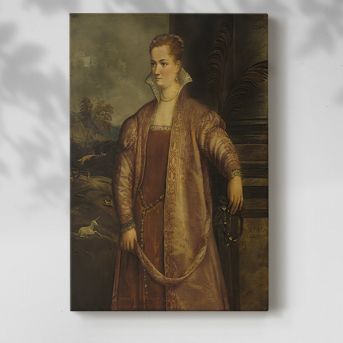 Canvas art print of a refined figure with smooth tones and simple background with a soft shadow on a white background.