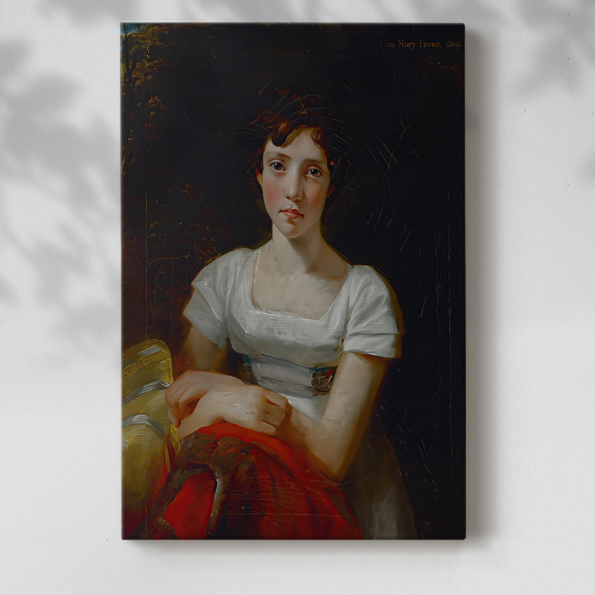 Canvas art print of a refined figure with subtle shading and soft background with a soft shadow on a white background.