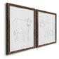 Angled view of a set of two walnut barnwood framed canvas prints featuring two minimalist livestock sketches featuring simple contour drawings of standing cows.