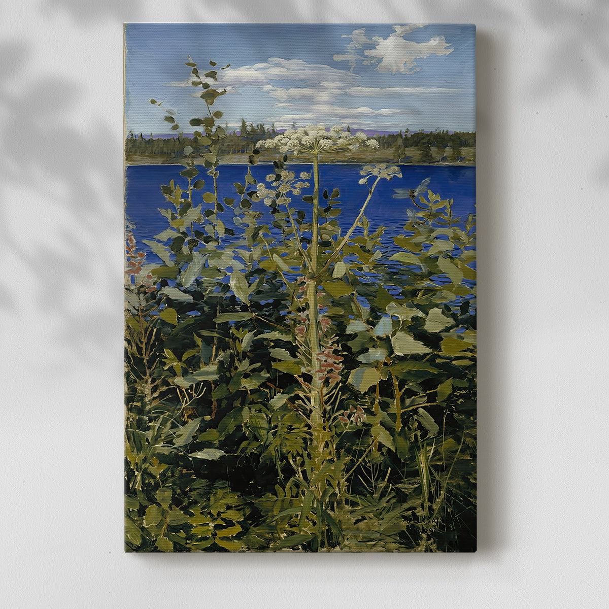 Canvas art print of a botanical scene with wildflowers growing in a lush green meadow with a soft shadow on a white background.