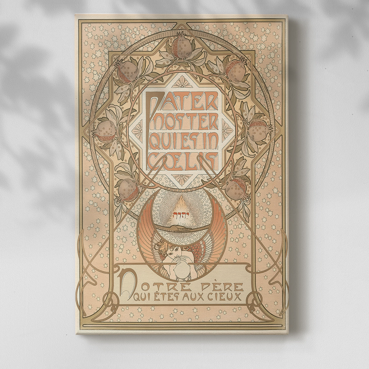 Canvas art print of a stylized spiritual portrait with intricate patterns and soft tones with a soft shadow on a white background.