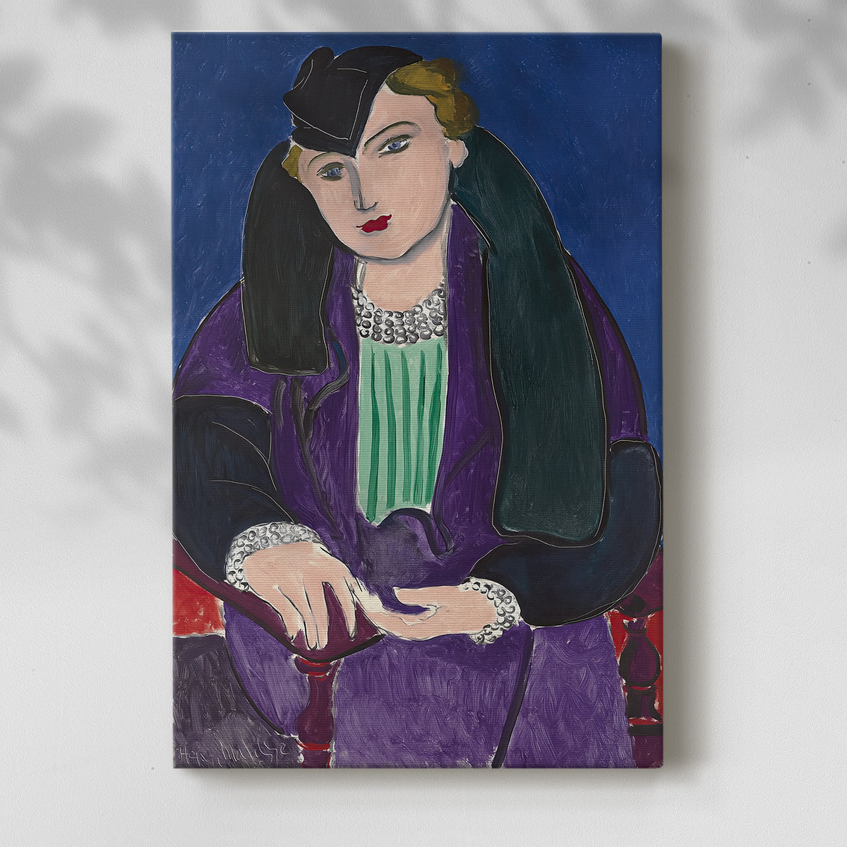 Canvas art print of a stylized figure with bold tones and simplified features with a soft shadow on a white background.