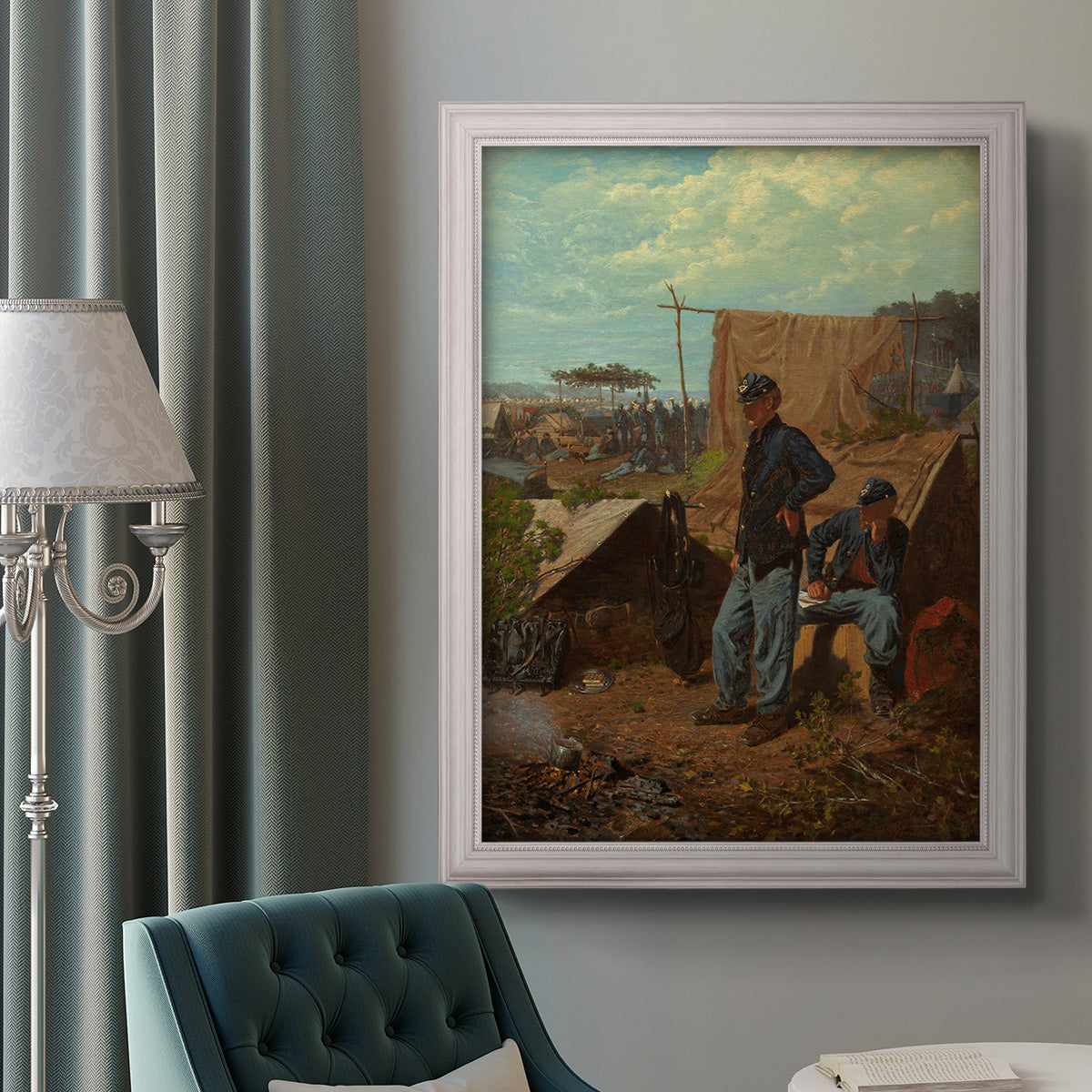 American genre scene of domestic life by Winslow Homer in an ornate weathered white frame displayed in a neutral interior setting.