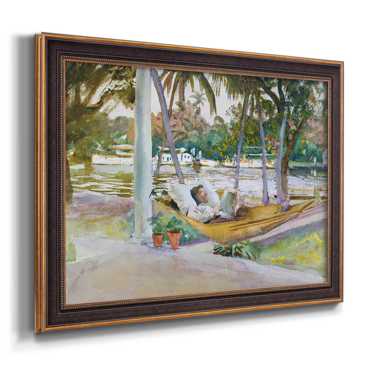 Impressionist leisure portrait scene by John Singer Sargent printed on canvas in an ornate bronzed mahogany wood frame.