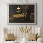 Impressionist domestic interior scene by Claude Monet in an ornate weathered white frame displayed in a neutral-toned interior setting.