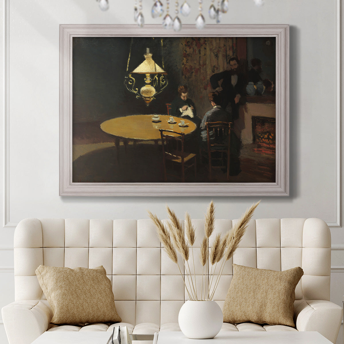 Impressionist domestic interior scene by Claude Monet in an ornate weathered white frame displayed in a neutral-toned interior setting.