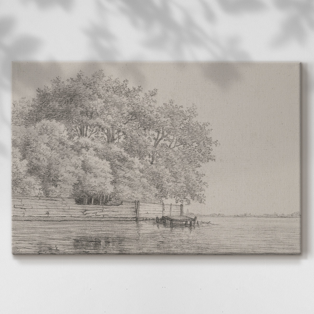 Serene riverside view with trees and a wooden dock in soft daylight setting