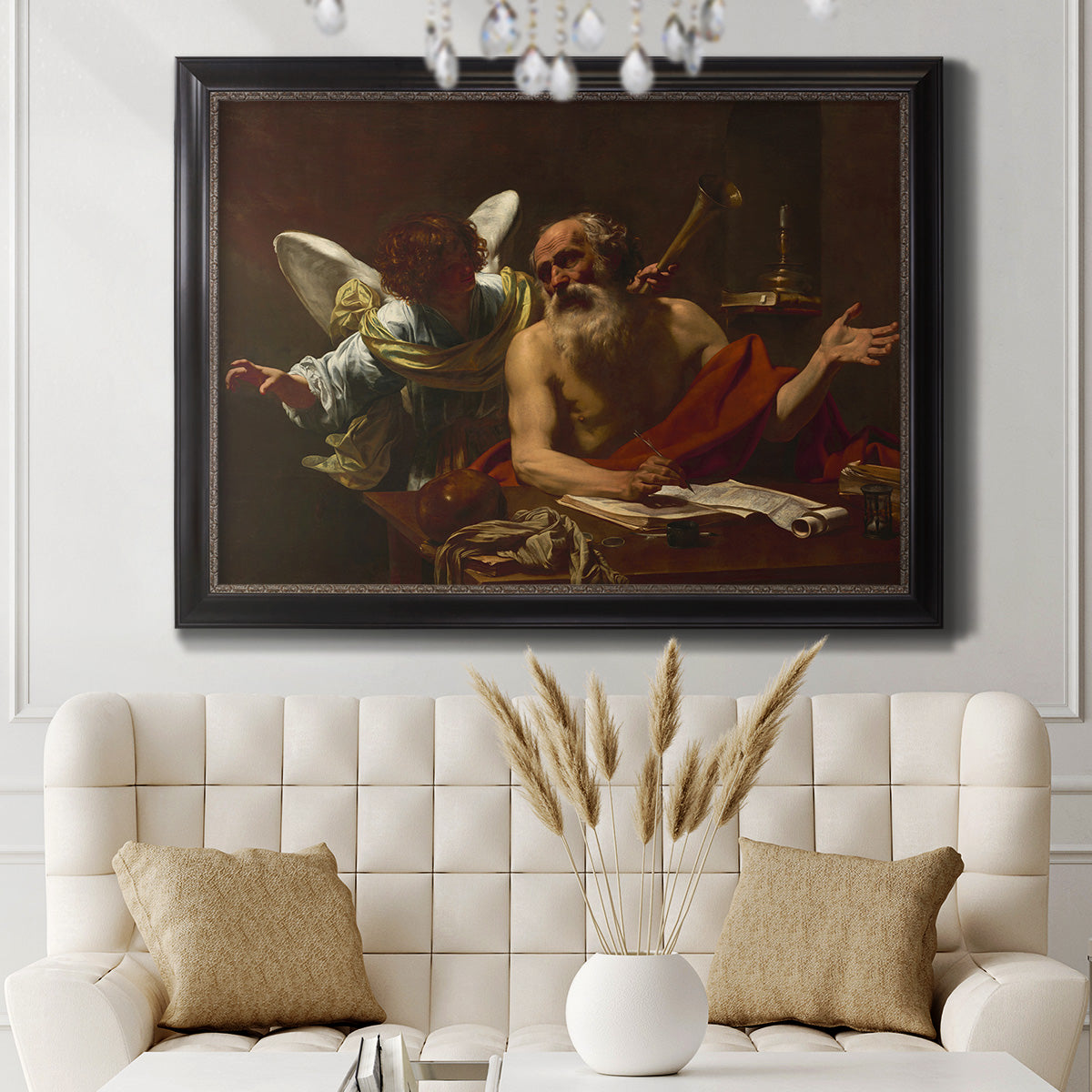 Classical religious painting of Saint Jerome with an angel by Simon Vouet in an ornate black frame with gilded inner detail displayed in a neutral-toned interior setting.
