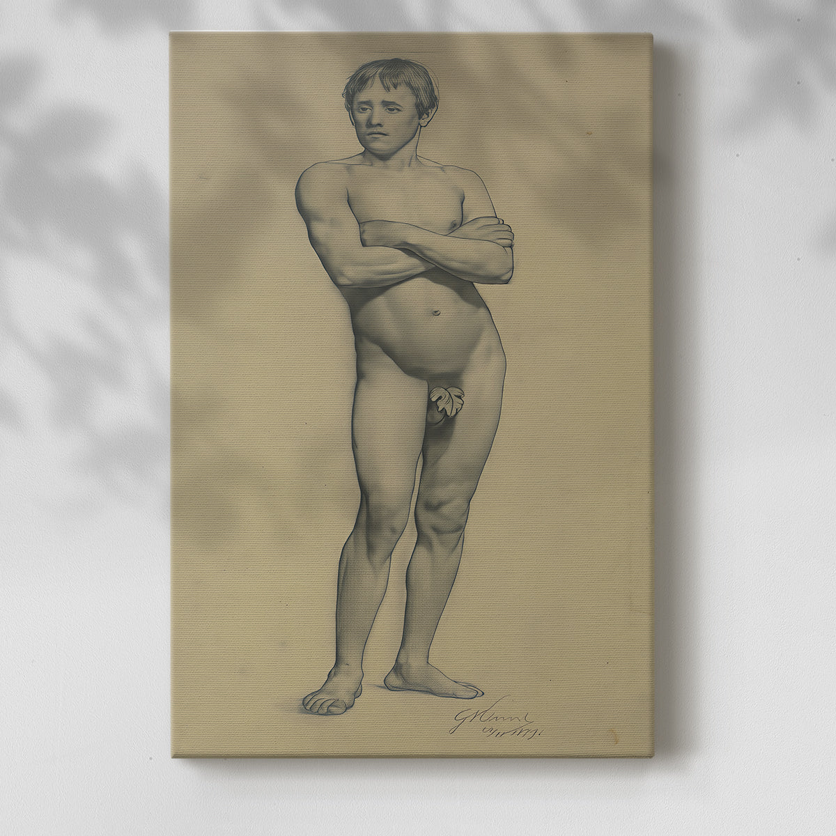 Canvas art print of a standing figure with defined posture and light shading with a soft shadow on a white background.