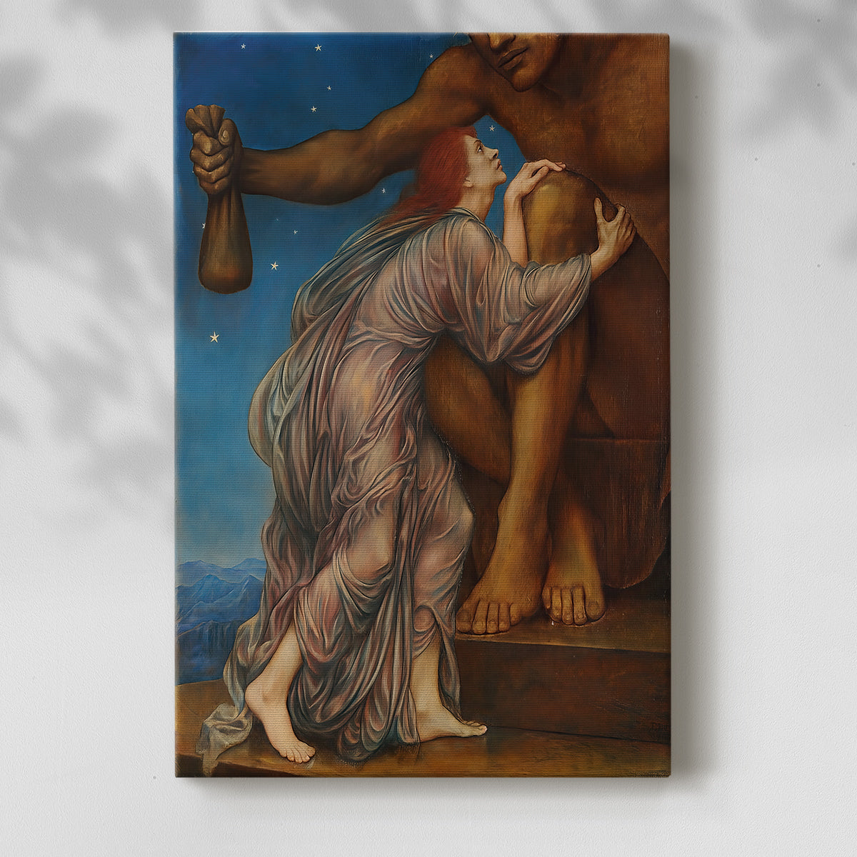 Canvas art print of an allegorical composition with multiple figures and strong contrast with a soft shadow on a white background.