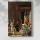 Canvas art print of a cultural setting with richly dressed figures and soft light with a soft shadow on a white background.