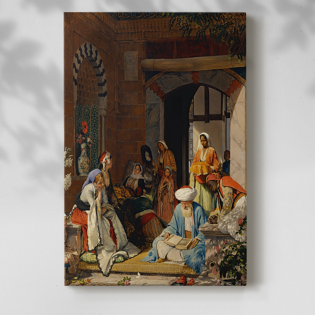 Canvas art print of a cultural setting with richly dressed figures and soft light with a soft shadow on a white background.