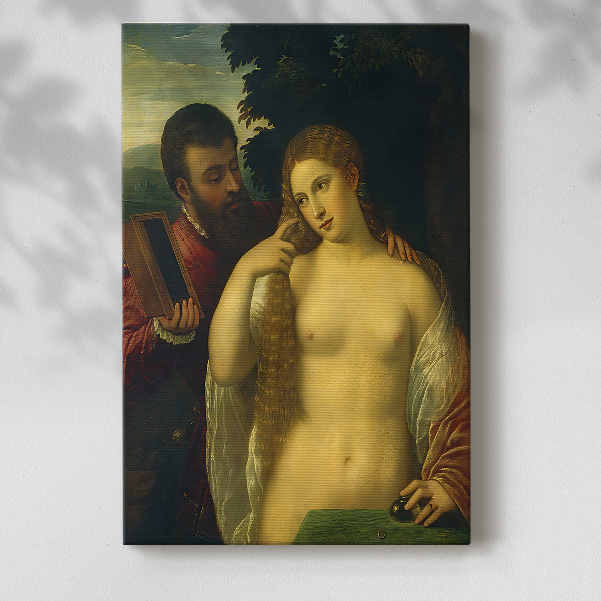 Canvas art print of a classical composition with figures and gentle movement with a soft shadow on a white background.