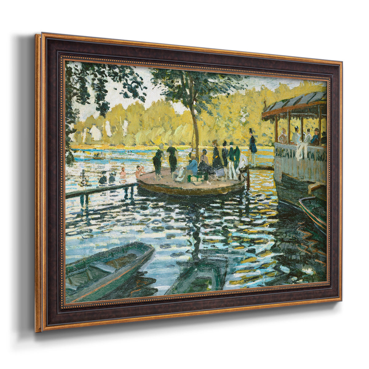 Impressionist riverside leisure scene by Claude Monet printed on canvas in an ornate bronzed mahogany wood frame.