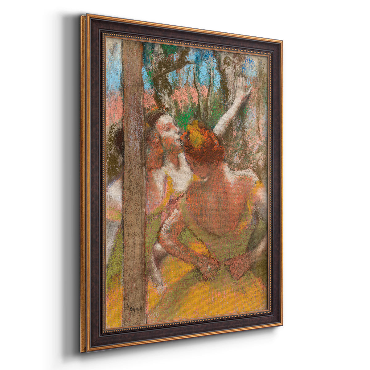 Impressionist ballet dancer composition by Edgar Degas printed on canvas in an ornate bronzed mahogany wood frame with a vertical orientation.