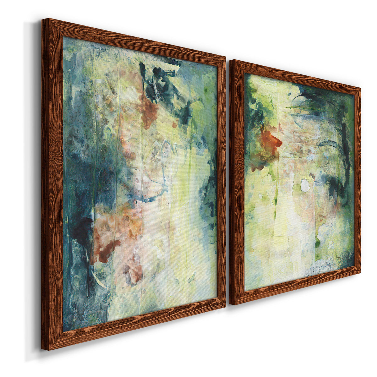 Angled view of a set of two maple barnwood framed canvas prints featuring two nature-inspired mixed-media abstracts featuring layered blue green cream and charcoal textures.