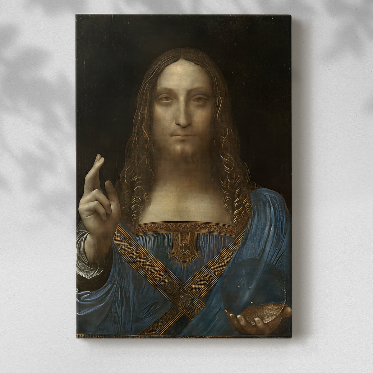 Canvas art print of a composed figure with soft light and calm expression with a soft shadow on a white background.