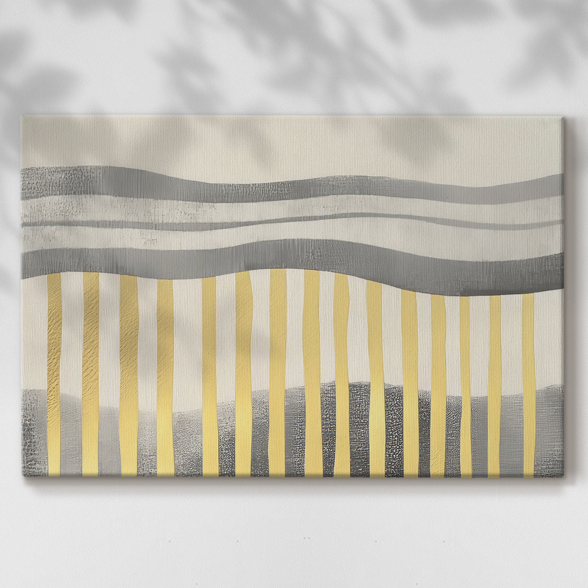 Abstract painting featuring Gray and yellow stripes and lines creating a modern art composition displayed in a minimalistic setting