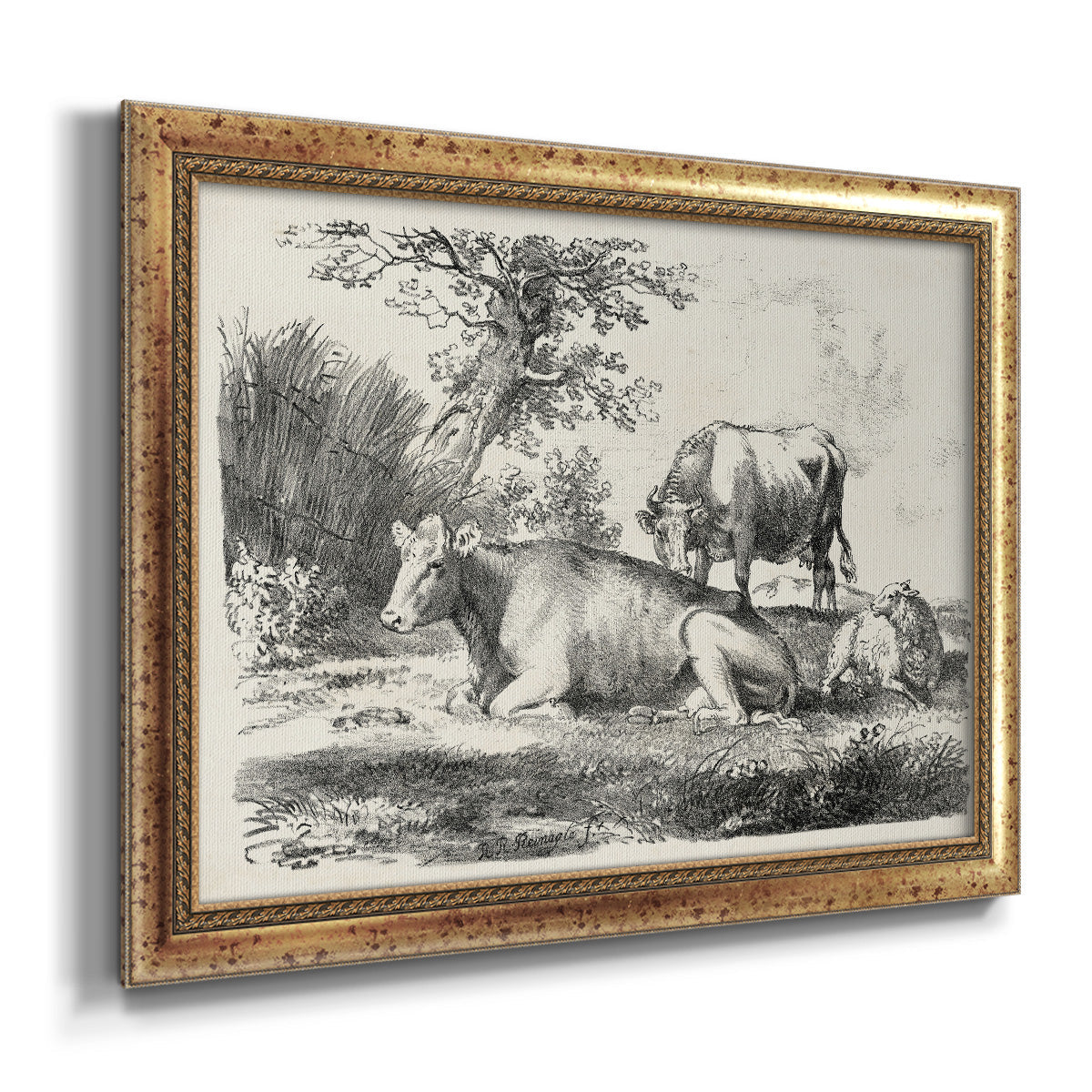 Classical pastoral landscape artwork by Nicolas Berchem printed on canvas in an ornate vintage gold frame.