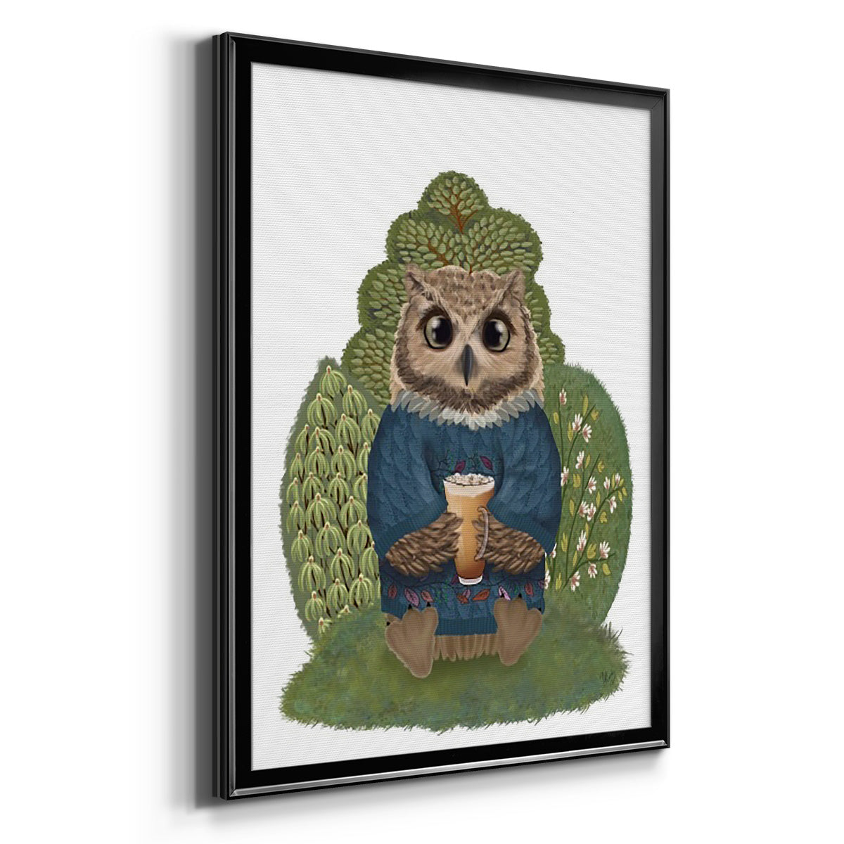 Latte Owl in Sweater - Modern Framed Canvas Print