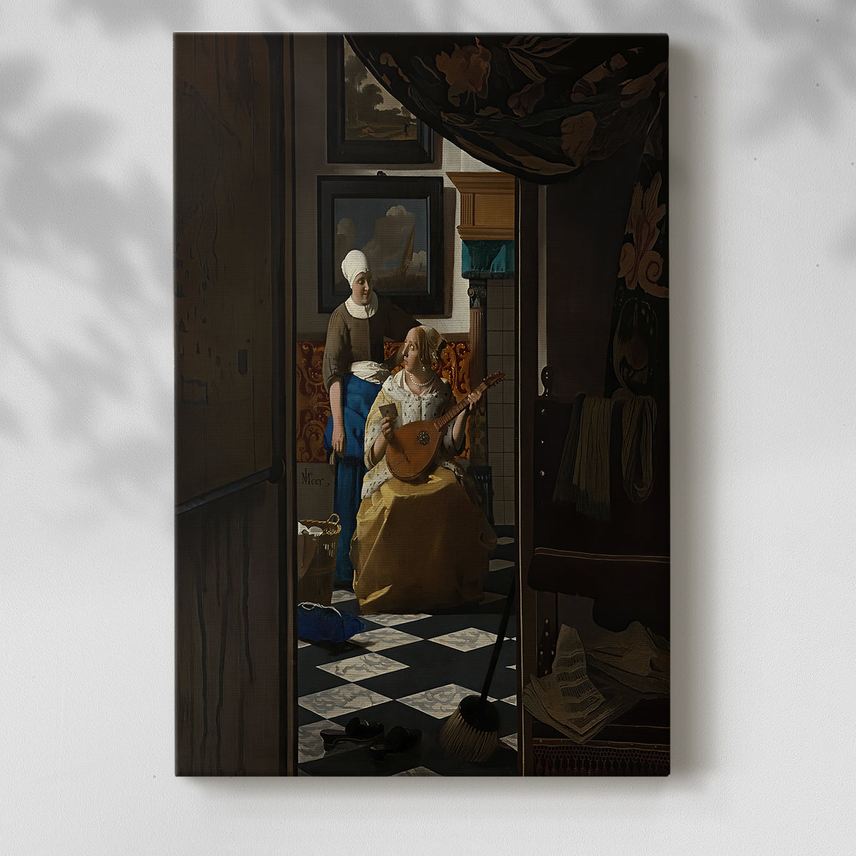Canvas art print of a quiet domestic scene with figures and gentle illumination with a soft shadow on a white background.