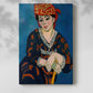 Canvas art print of a stylized face with bold textile pattern and warm tones with a soft shadow on a white background.