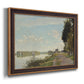 Impressionist river scene with red boats by Claude Monet printed on canvas in an ornate bronzed mahogany wood frame.